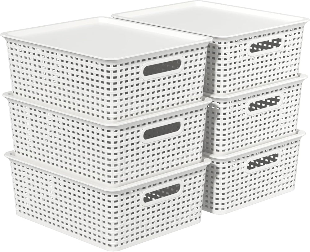 Plastic Storage Baskets with Lid, 6-Pack Organizer Bins, White