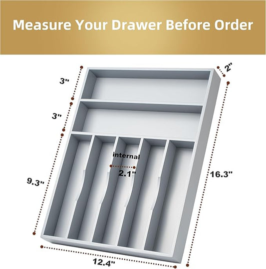 Silverware Organizer 13 Inch Gray Bamboo Kitchen Drawer Organizer 7 Slots - Image 2