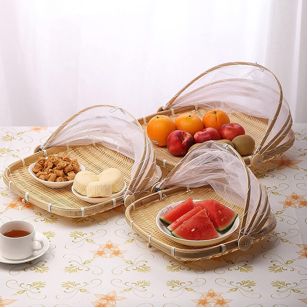 3Pcs Bamboo Food Serving Tent Basket with Cover, Square Hand-Woven Covered Br...