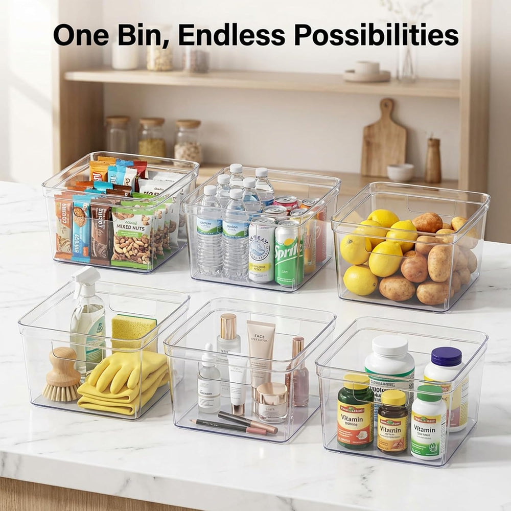 MOONEDGE 6-Pack 10x10x6 Clear Plastic Cube Storage Bins with Handles