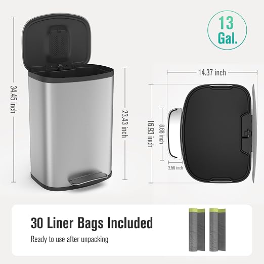 13 Gallon Stainless Steel Foot Pedal Large Trash Can - Image 2