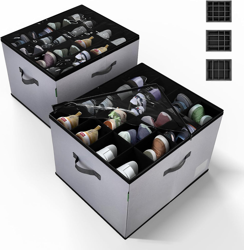 2 Pack Shoe Organizer for Closet, Foldable Fabric Shoe Storage Box with Adjus...