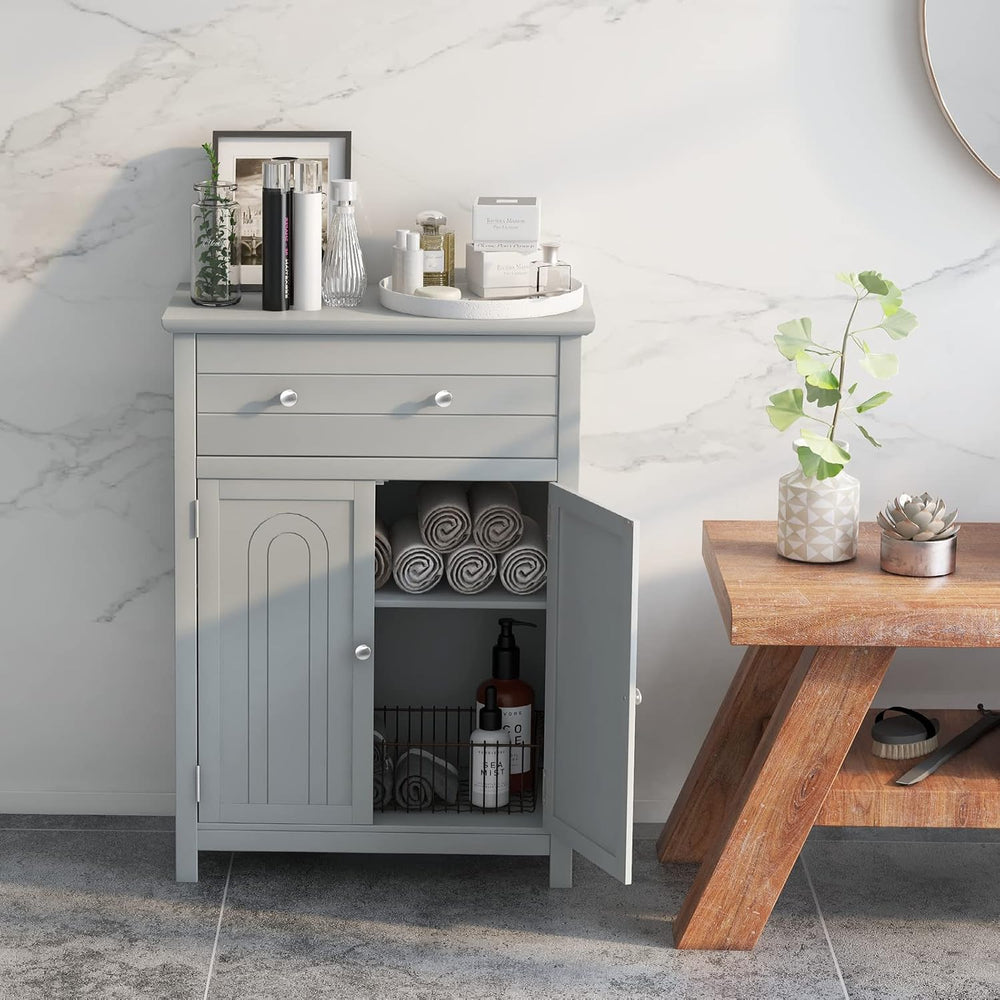 COSTWAY Bathroom Floor Cabinet, Wooden Side Storage Organizer (Grey)