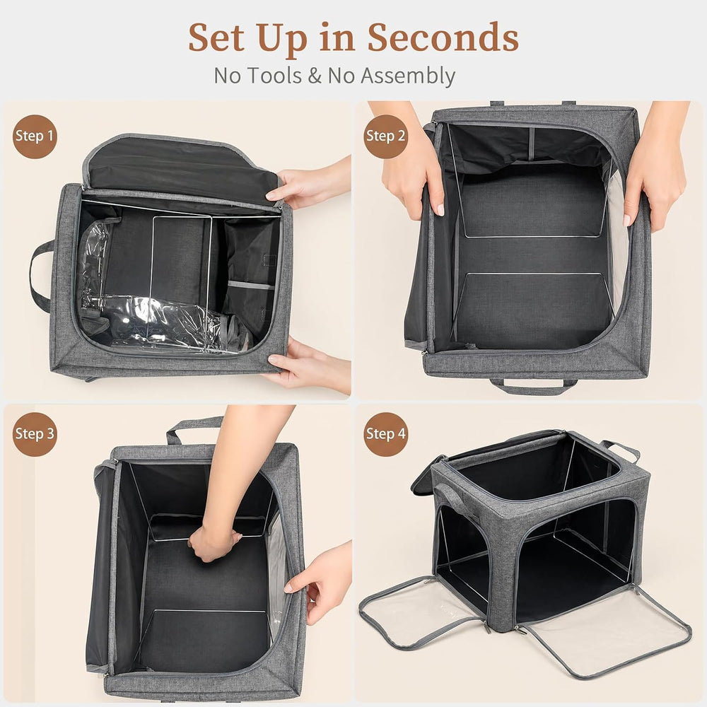 GoMaihe Clothes Storage Bins with Metal Frame for Blanket 3 Pack 66L Grey