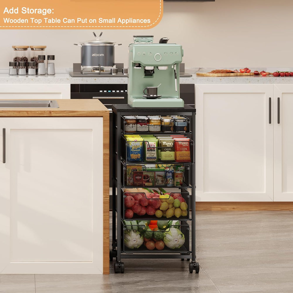 Kitchen Storage Cart with Drawer, 5-Tier Fruit Vegetable Storage Cart, Kitche...