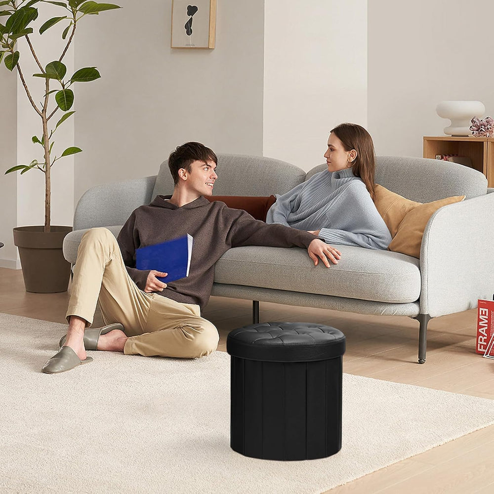 Bsketa Round Storage Ottoman, 14" Folding Leather Foot Rest, Black 2 Pack