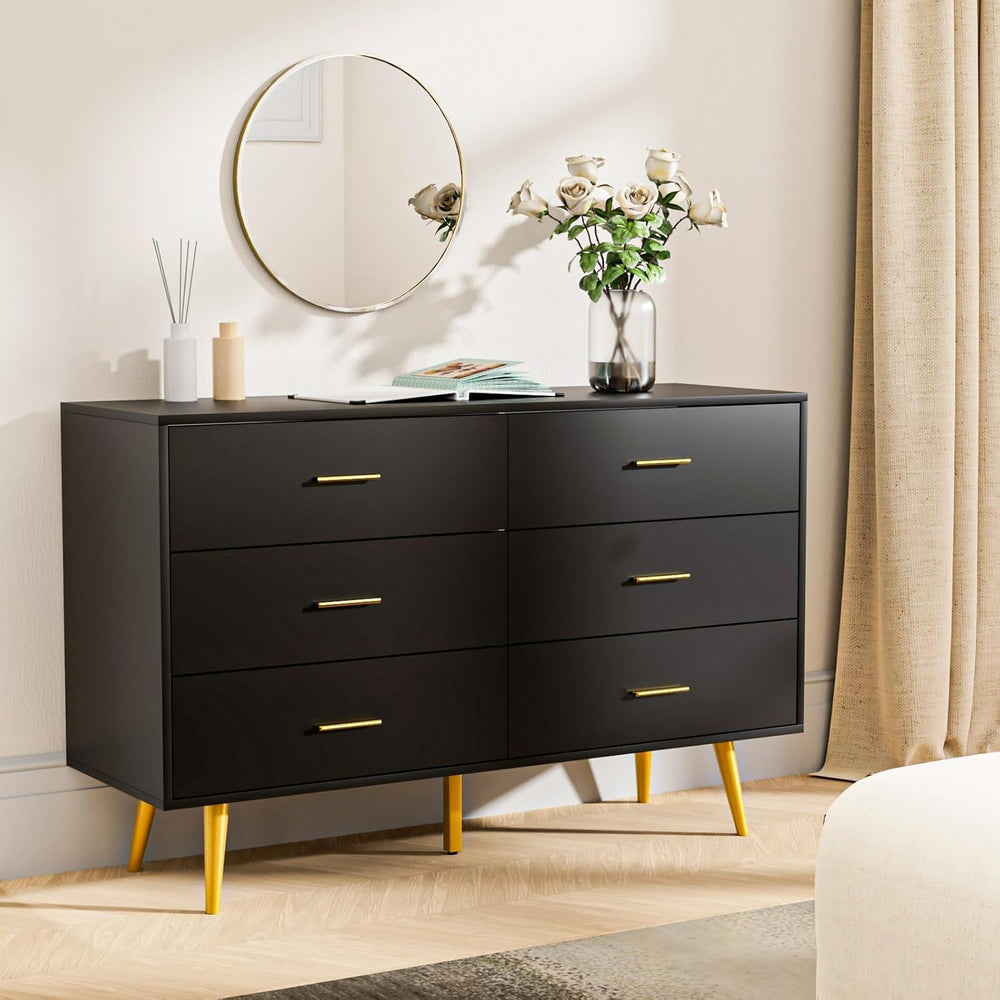 Black 6 Drawer Dresser for Bedroom, 47" Wood Dresser with Gold Handles.