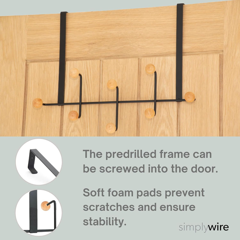 simplywire – Over Door Coat Rack – 8 Wooden Hooks - Black