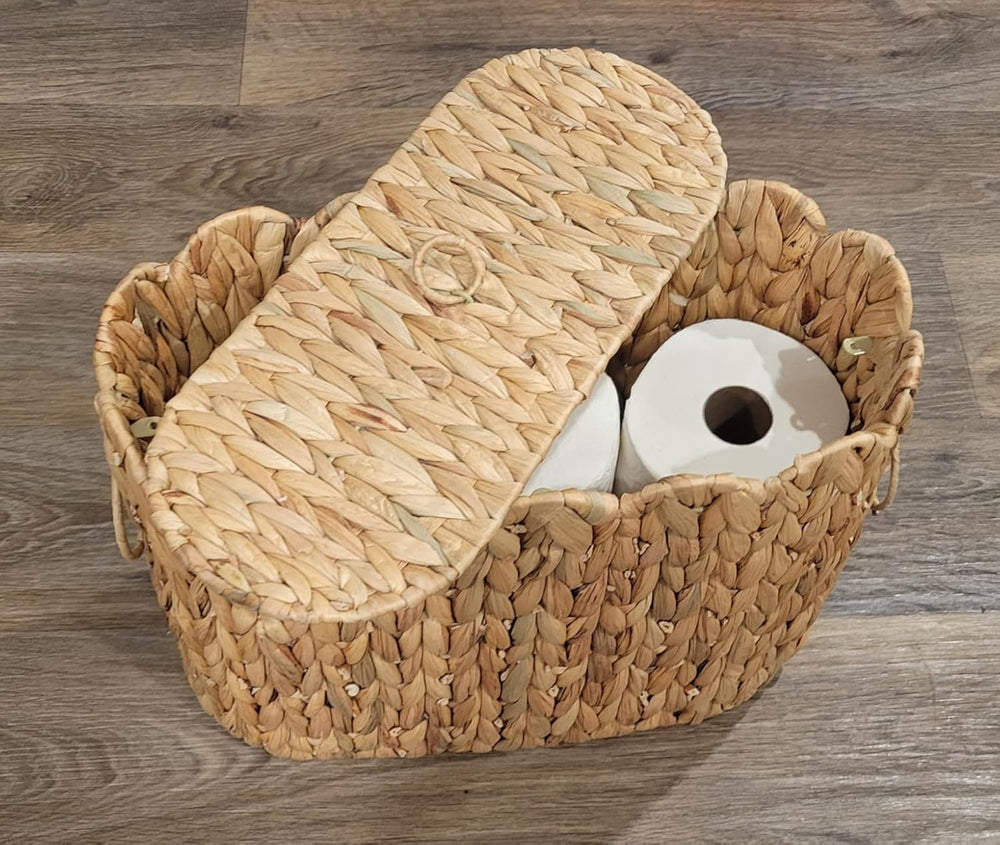 Narrow Wicker Toilet Paper Holder Basket with Lid, Scalloped Wicker Storage B...