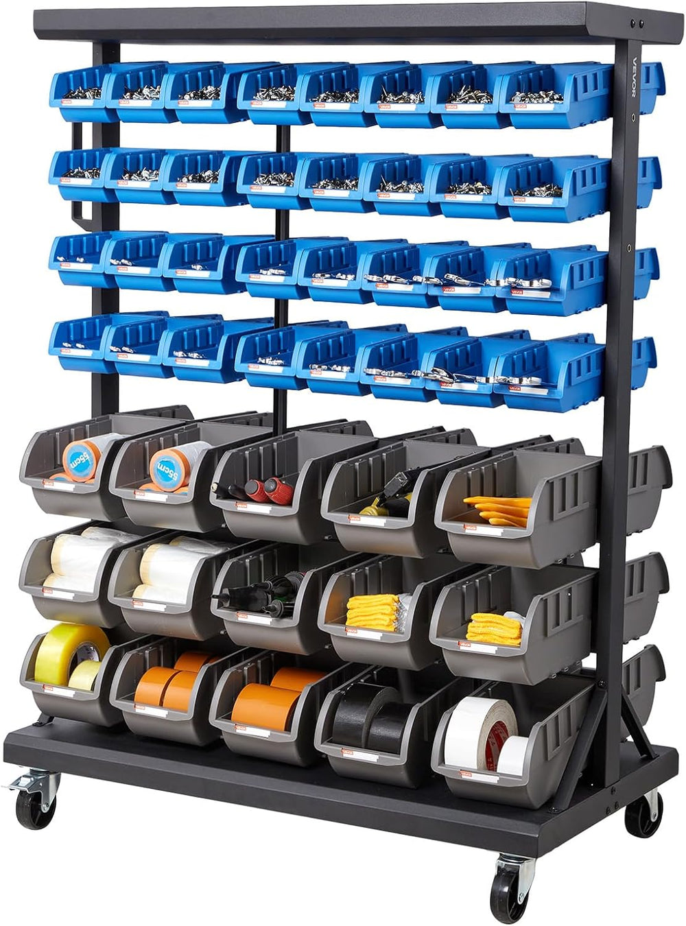 VEVOR 7-Tier Double-Sided Rolling Bin Storage Rack, 94 Plastic Bins, Dual-Sid...