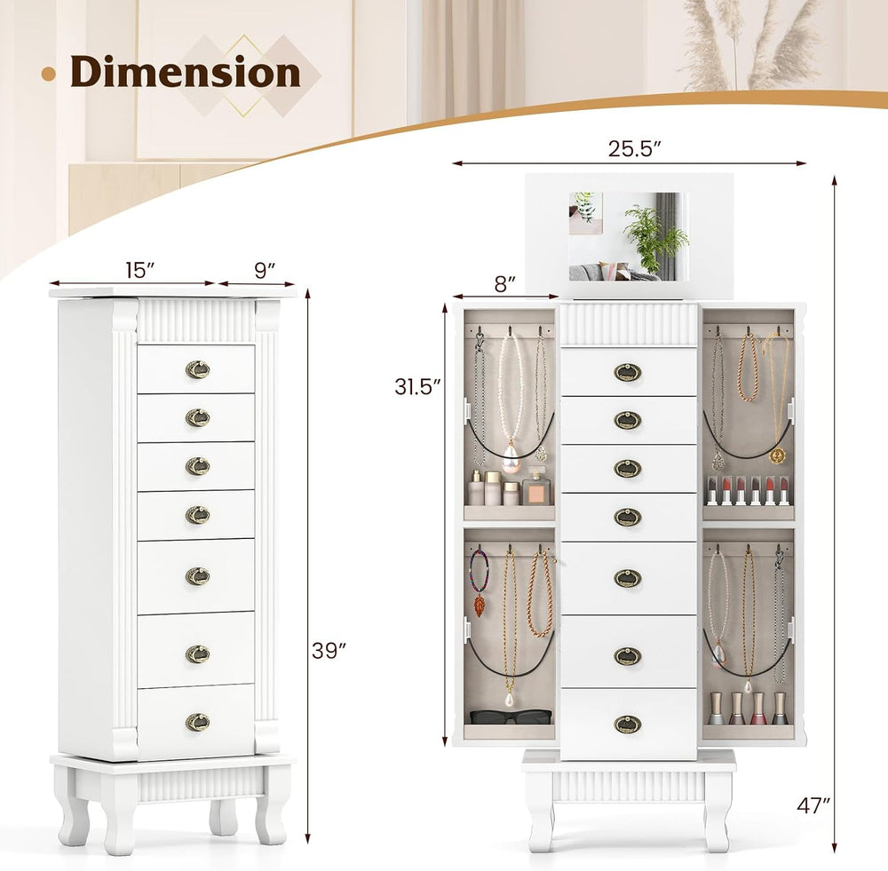 GIANTEX Standing Jewelry Cabinet with 7 Drawers, Flip-Top Mirror, White
