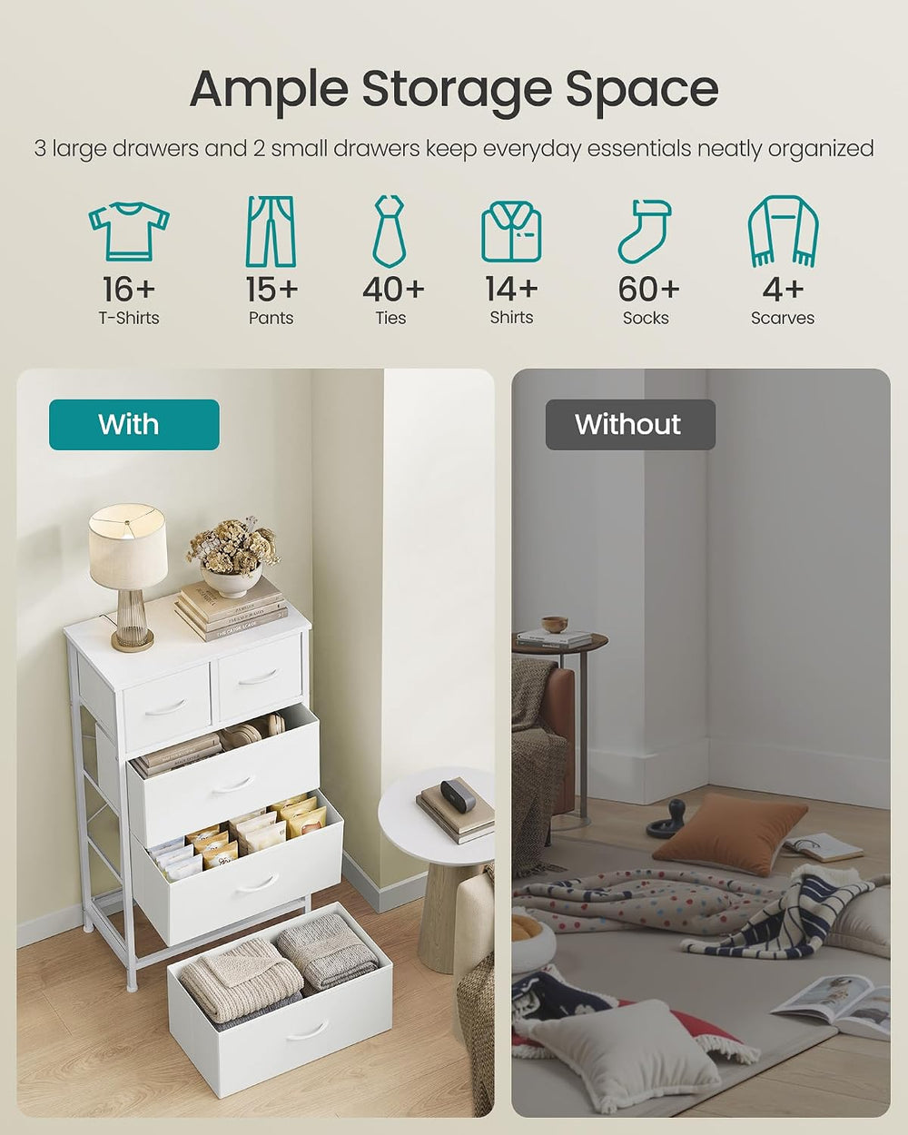 SONGMICS Tall Dresser for Bedroom, 5 Fabric Drawers with Steel Frame
