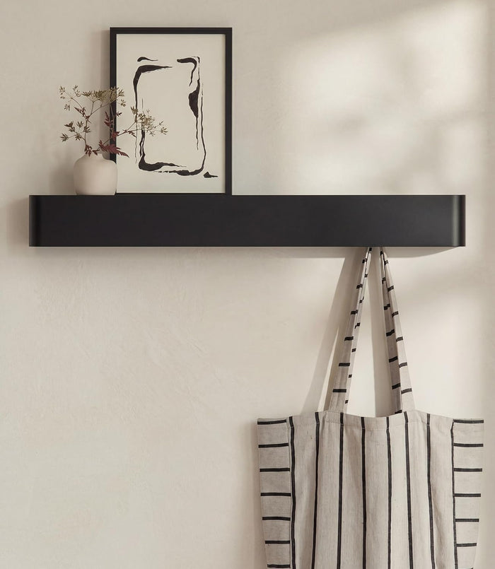 Kazai. Coat Rack Wall Mount with Shelf 'Tone' | Modern Design Coat Hanger with Hidden Hooks and Storage | Hat Rack with Shelf in Metal | Wall-Mounted Purse Organizer | Black