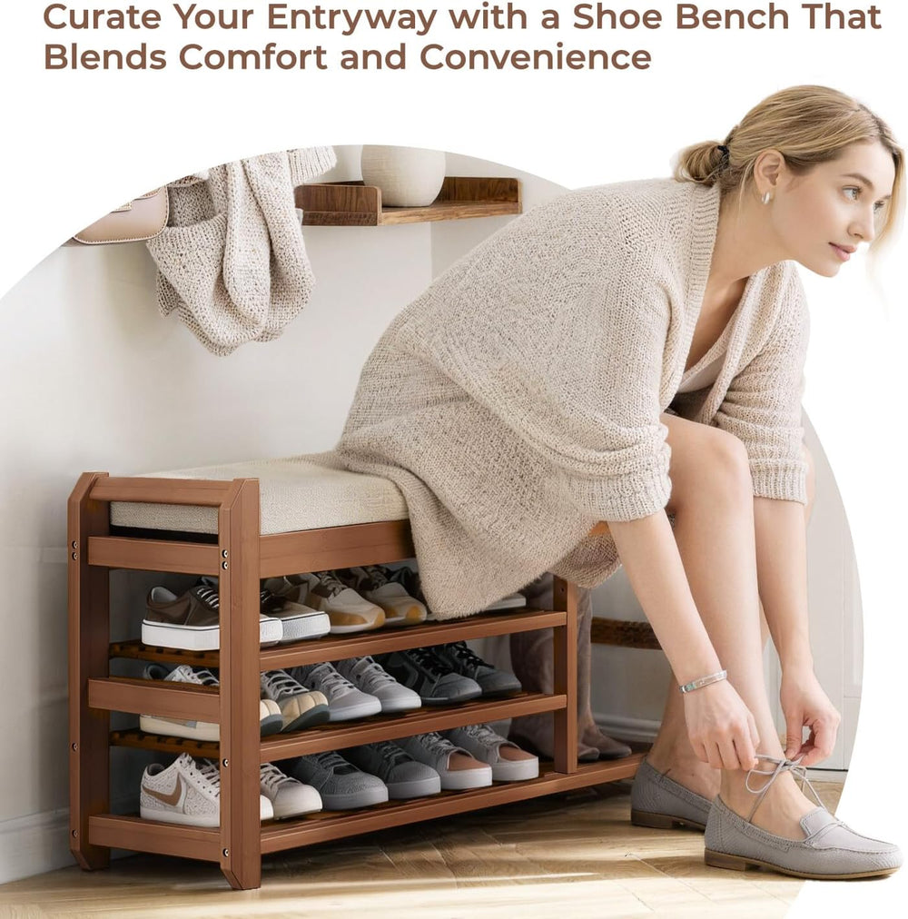 39.4" Entryway Shoe Rack Bench with Cushion, 3-Tier Storage Bench