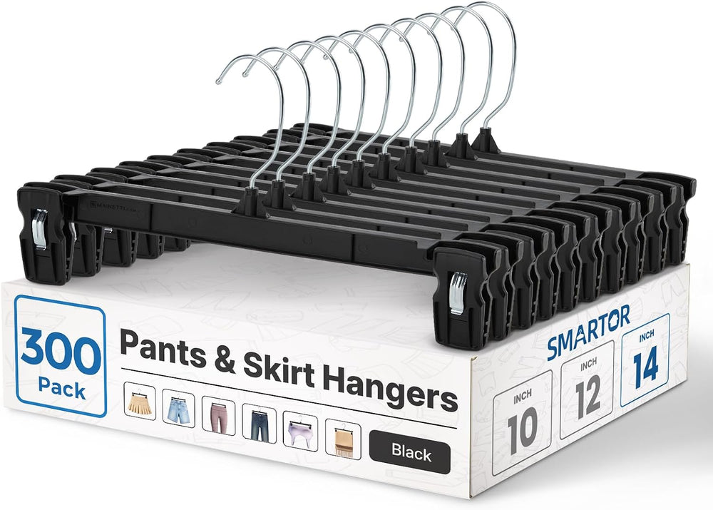 Smartor Black Pants Hangers 300 Pack, Skirt Hangers with Clips, 14 Inch