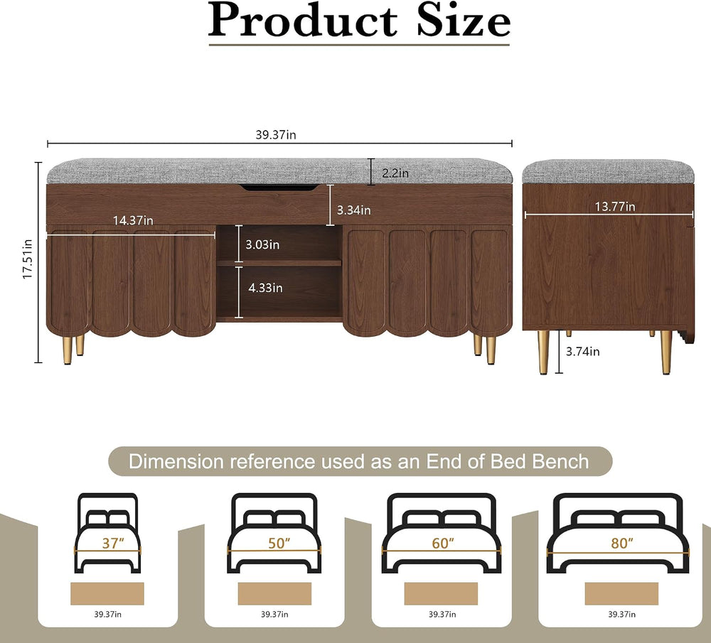 3More 40" Upholstered Flip Top Entryway Shoe Bench, Walnut