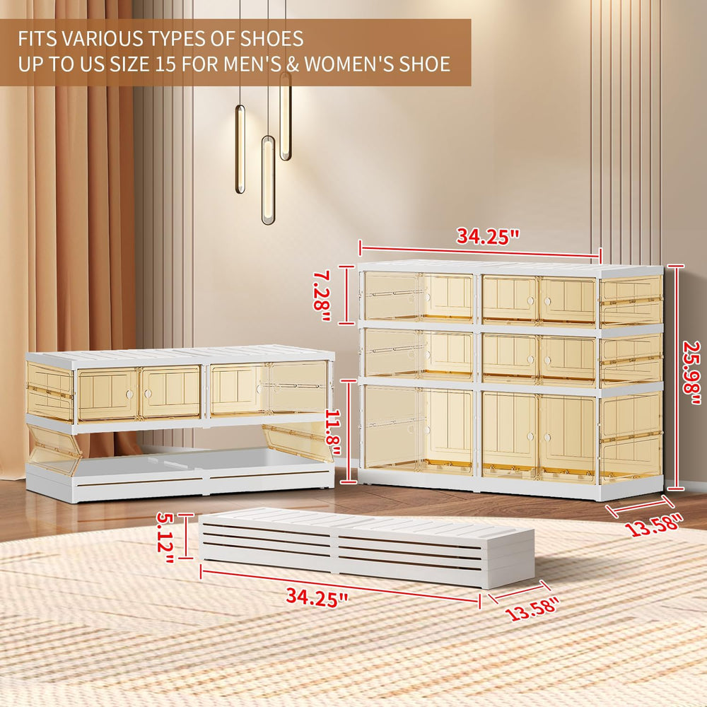 CIMLORD 3-Tier Foldable Shoe Organizer, Magnetic Doors, 6-12 Pairs, White