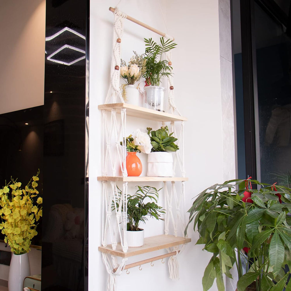 TENEWEE Boho Macrame Hanging Wall Shelf for Plant & Books Display 3-Tier