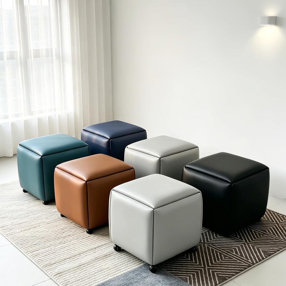 5 in 1 Nesting Ottoman Cube Chair, Stackable Stools, Leather Square Ottoman B...