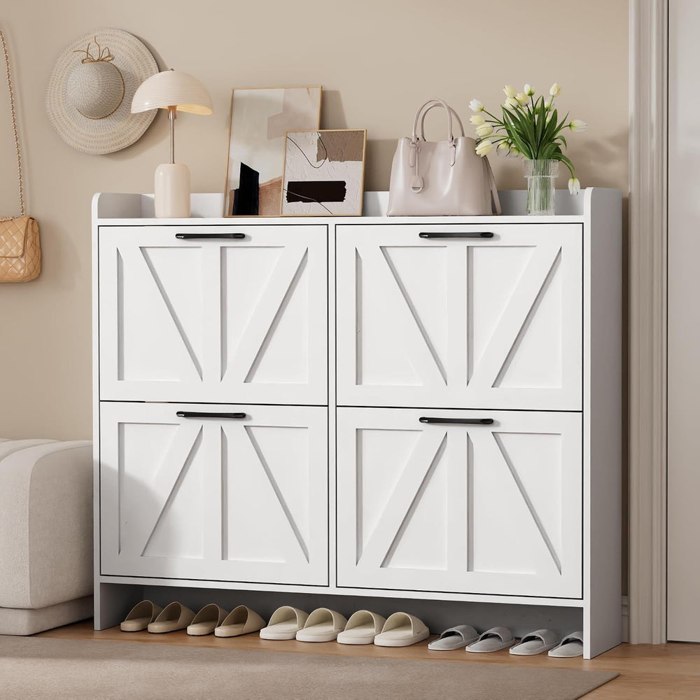 Shoe Storage Cabinet with 4 Flip Drawers, Freestanding Hidden Shoe Cabinet wi...