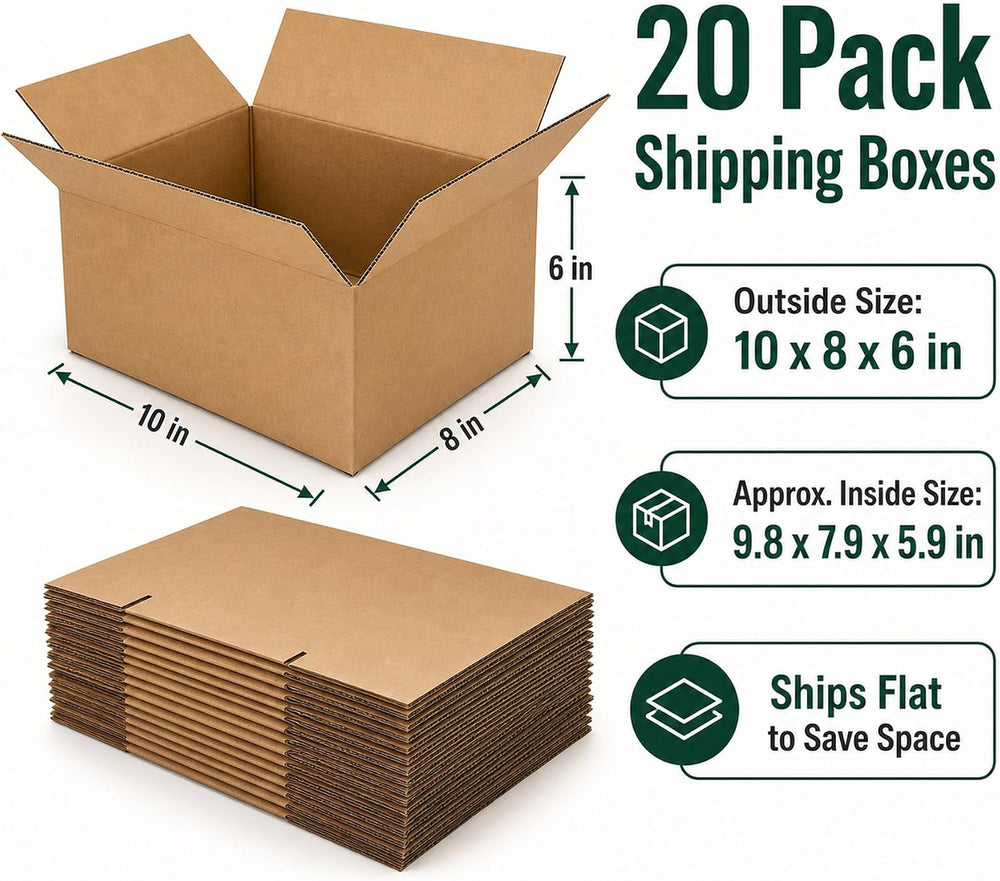 10x8x6 Brown Kraft Shipping Boxes for Small Business, 20 Pack