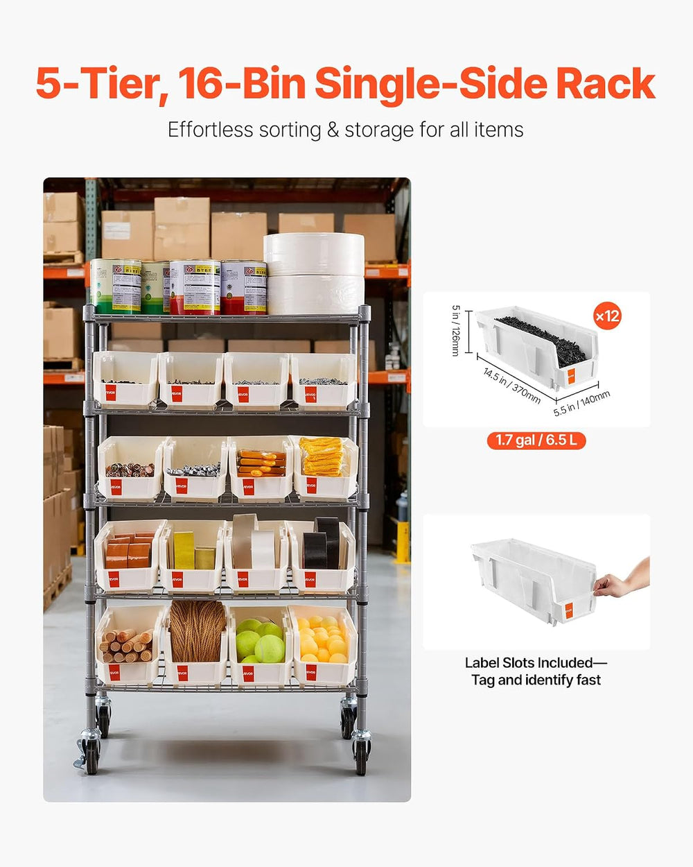 VEVOR 5-Tier Rolling Bin Storage Rack, 16 Organizer Bins, Bin Rack Storage St...