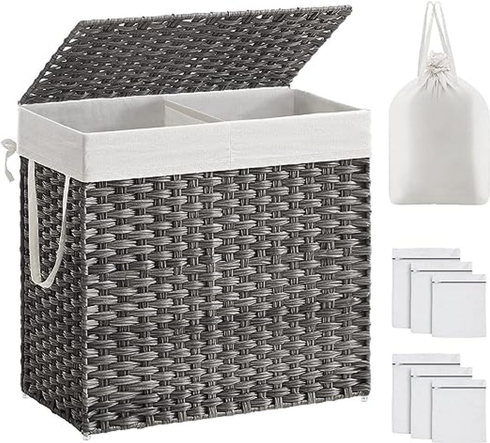 SONGMICS Laundry Basket with Lid, 130L Washing Basket 2 Compartments, Removab...