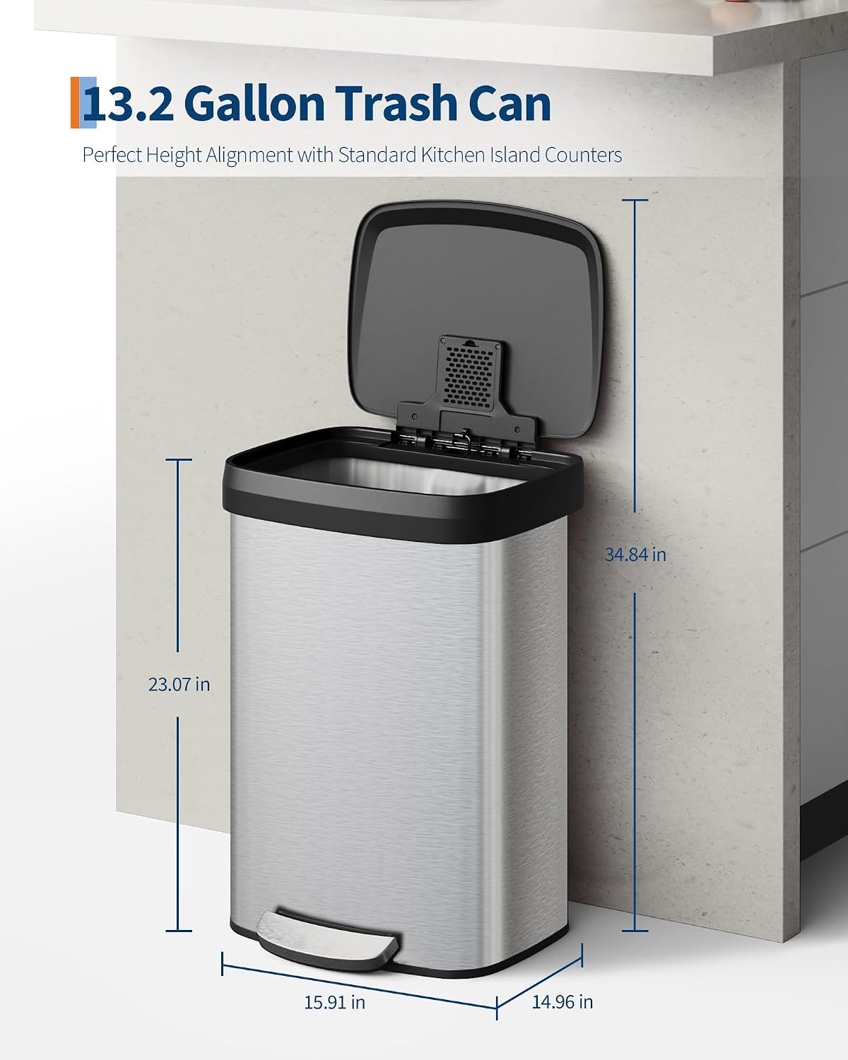 Garvee 13 gal / 50 L Stainless Steel Trash Can with Lid, Large Garbage Can for Kitchen, Rustproof Step-on Kitchen Metal Trash Bin with Liner Rim, Rear Handle, Soft Close Plastic Lid, Silver