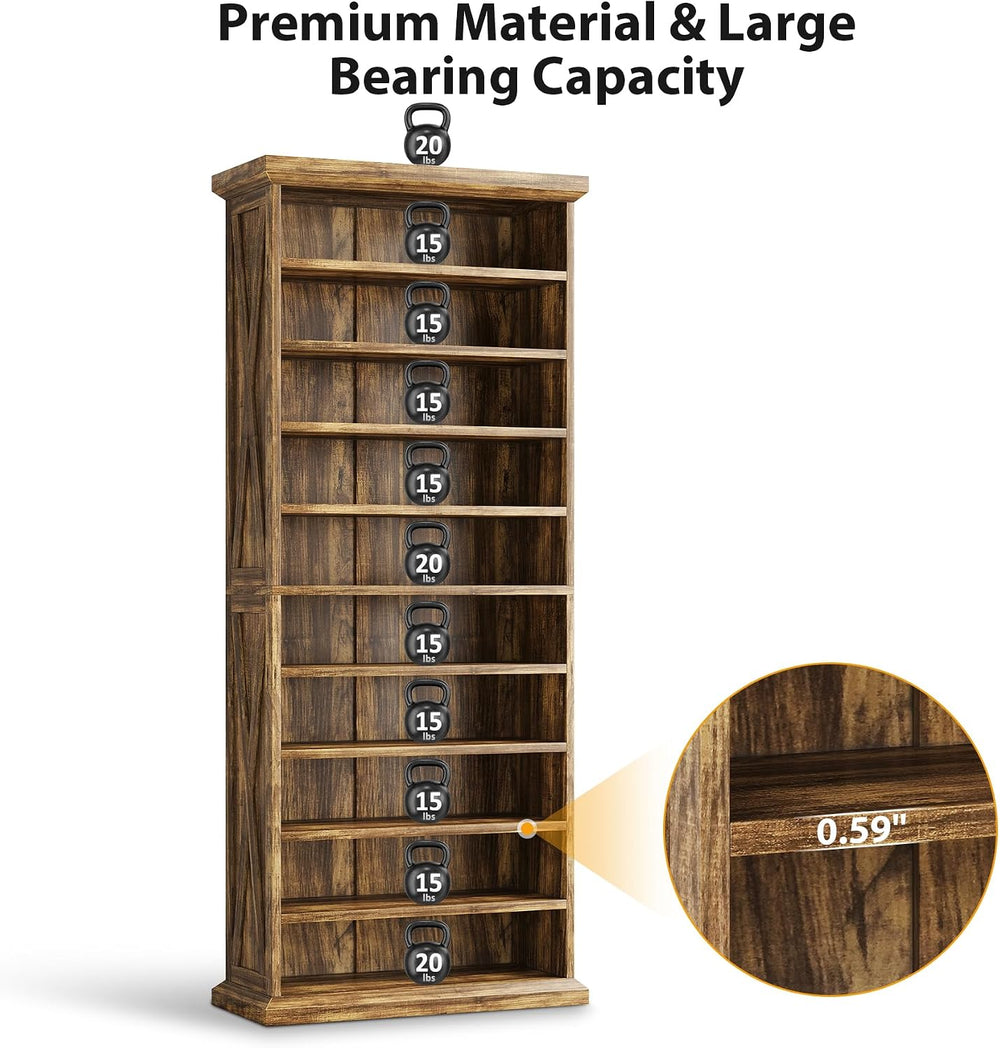 10-Tier Wooden Shoe Rack with 8 Adjustable Shelves, Rustic Brown