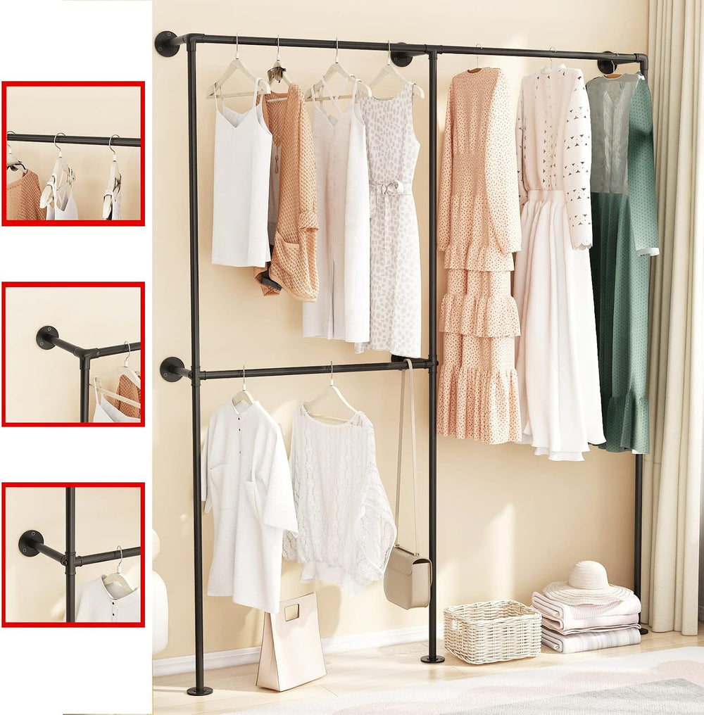 DR.IRON Industrial Pipe Clothing Racks with Double Bar, Industrial Black Clot...