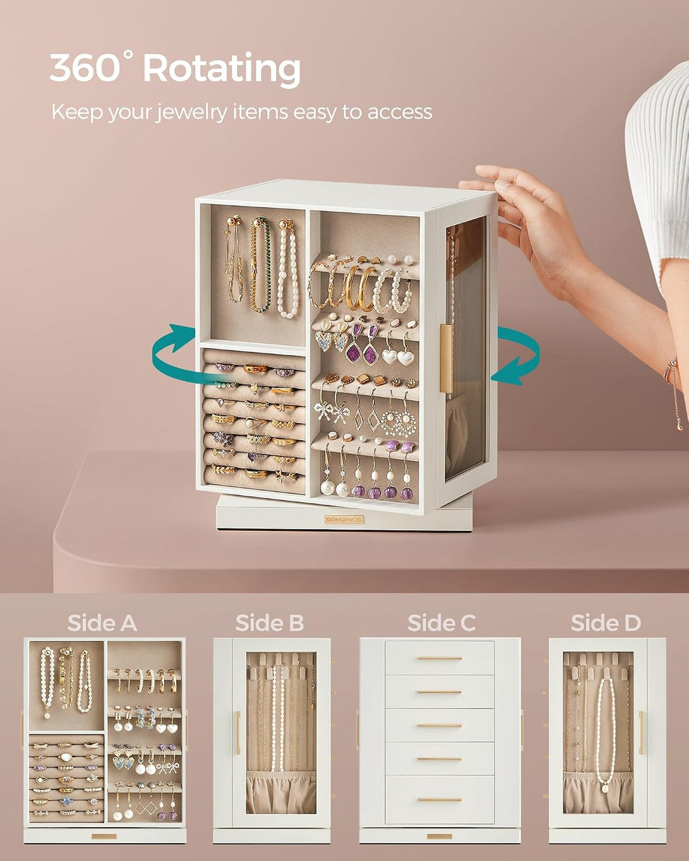 SONGMICS Jewelry Box Organizer, 360° Rotating, 5 Drawers, Cloud White