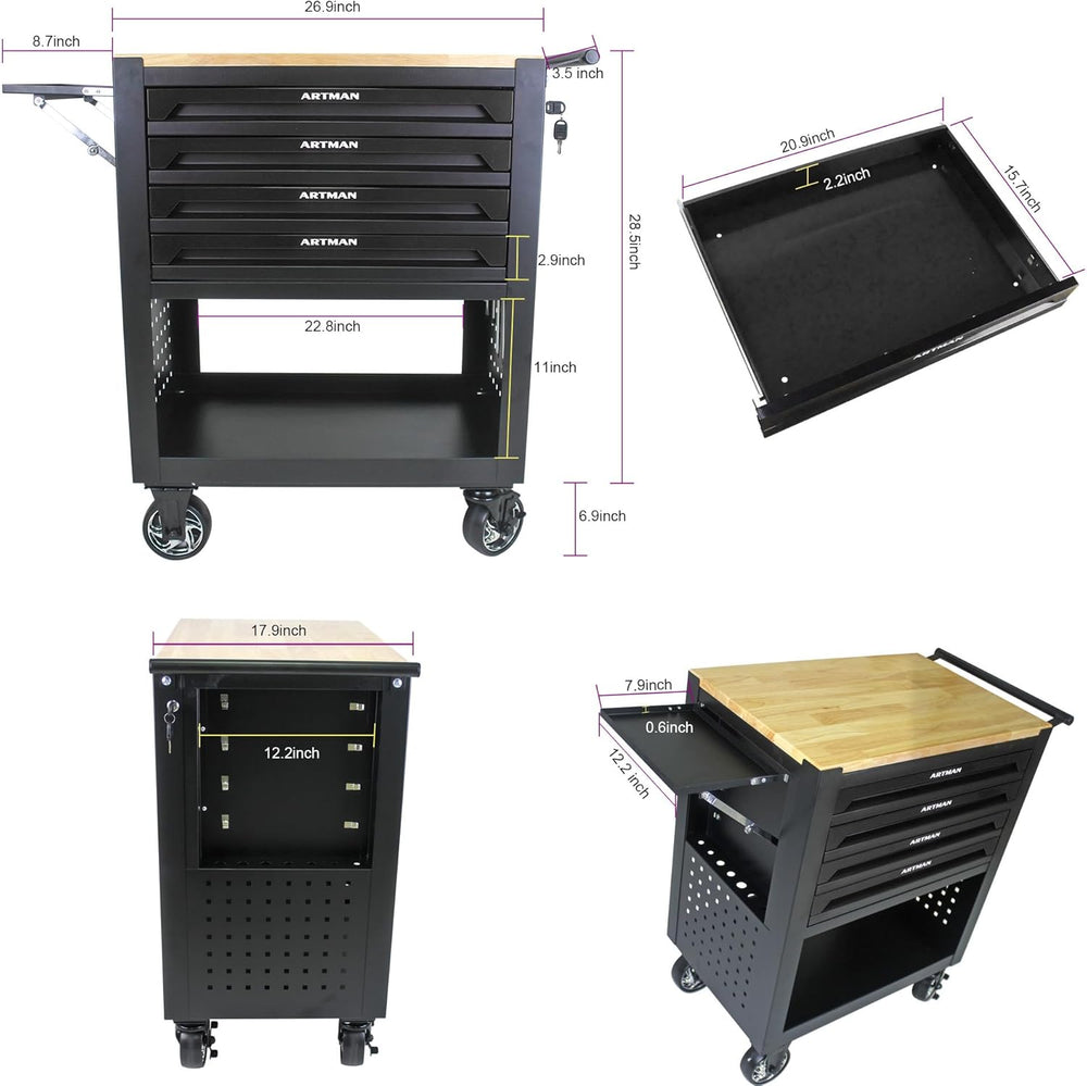 Lockable 4-Drawer Rolling Tool Chest with Wooden Top Workbench