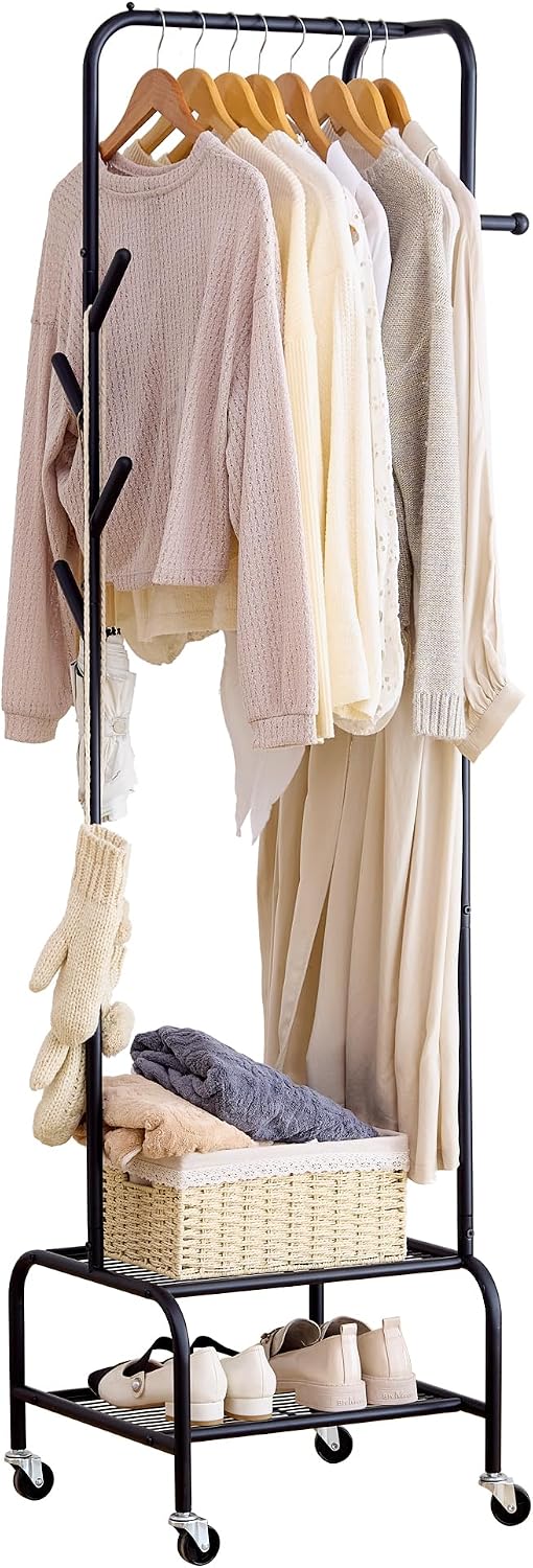 Heavy Duty Clothing Rack with Wheels, Garment Rack, Freestanding Coat Rack wi...