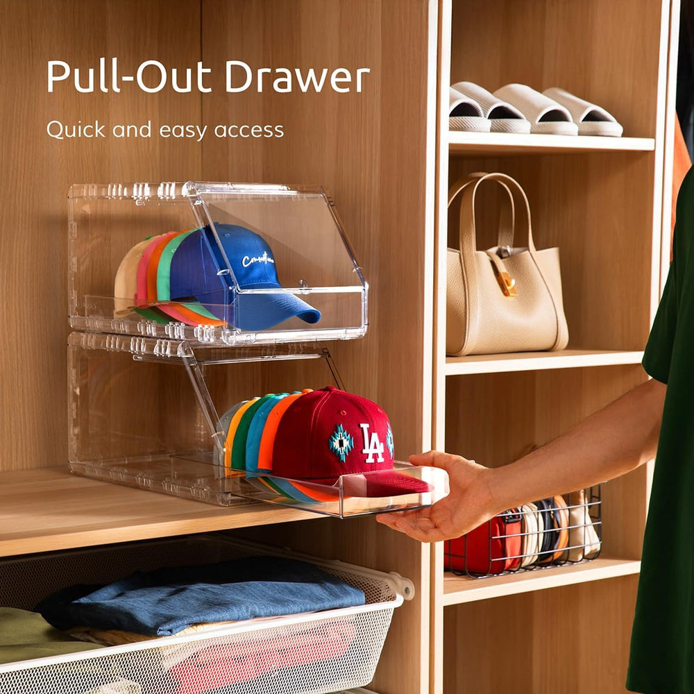 Ozueccr Cap Organizer Box – Stackable Clear Display Box with Sliding Drawer, ...