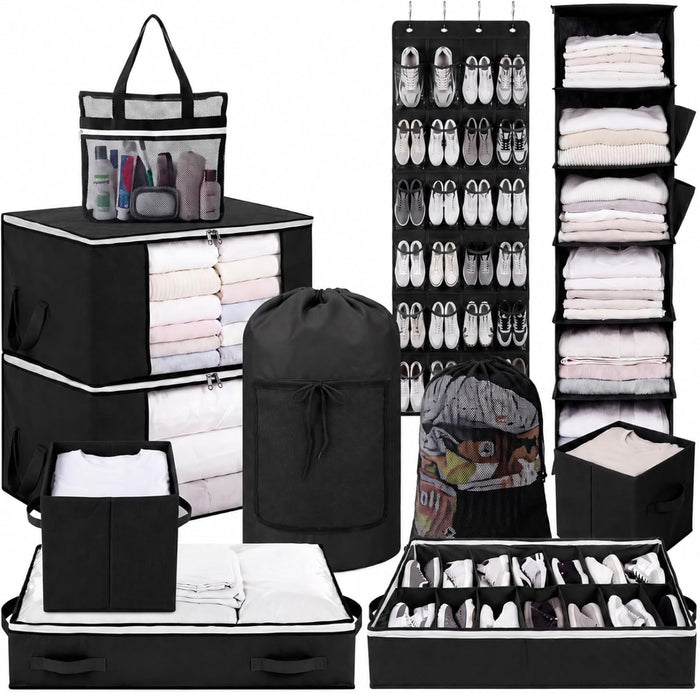 Briwooody 11 Pcs College Dorm Storage Set, Dorm Organizer Kit with Closet Organizer, Over Door Shoe Rack, Under Bed Storage Bags, Laundry Backpack, Shower Caddy, Collapsible Bins(Black)