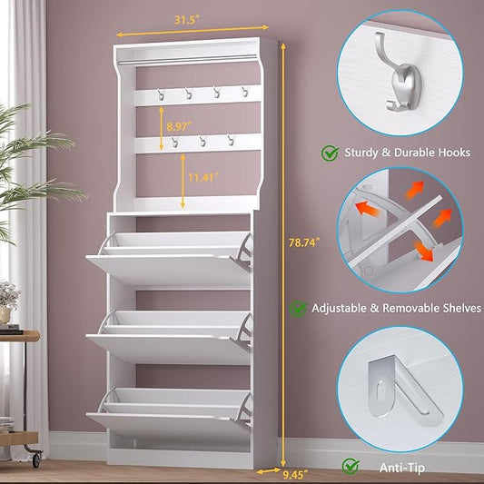 Shoe Cabinet with 3 Flip Drawers & Coat Rack, Narrow Hidden Shoe Storage Cabinet - Image 2