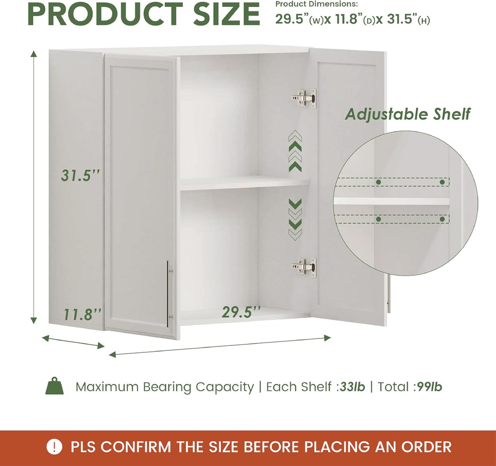 Furnaza 30" W White Wall cabinets for Laundry Room with Adjustable Shelf
