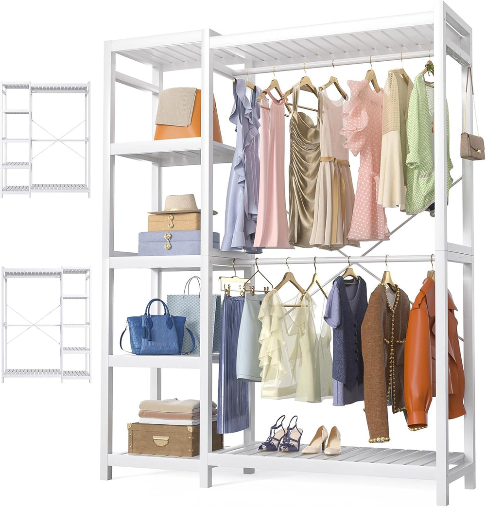 Homykic Bamboo Clothing Rack with 7 Adjustable Shelves, 2 Hang Rods, White