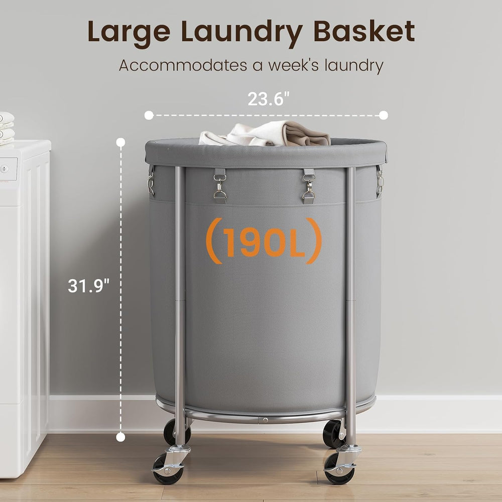 ELYKEN Laundry Basket with Wheels, Round Rolling Laundry Hamper, Gray