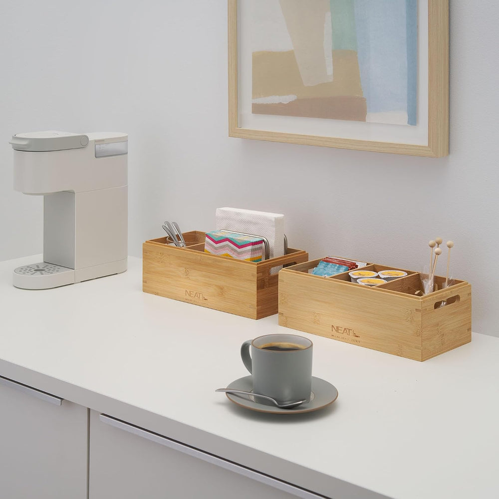 Set of 2 Stackable Bamboo Wood Boxes with Handles, Storage Bins for Shelving,...