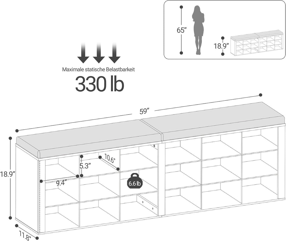 Hzuaneri Shoe Storage Bench with Cushion, Storage Bench with 18 Cubbies