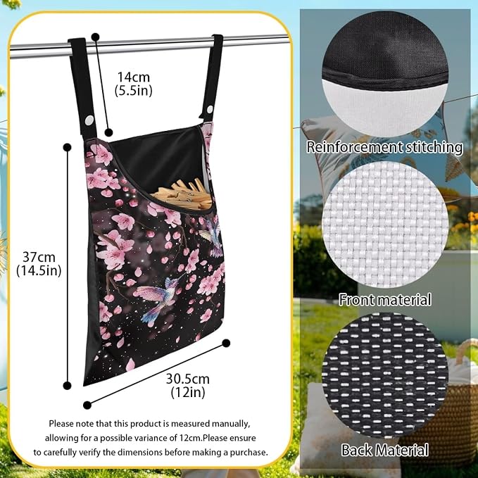 Waterproof Clothespin Bag with Hanger Hook Cherry Blossom Hummingbird - Image 7