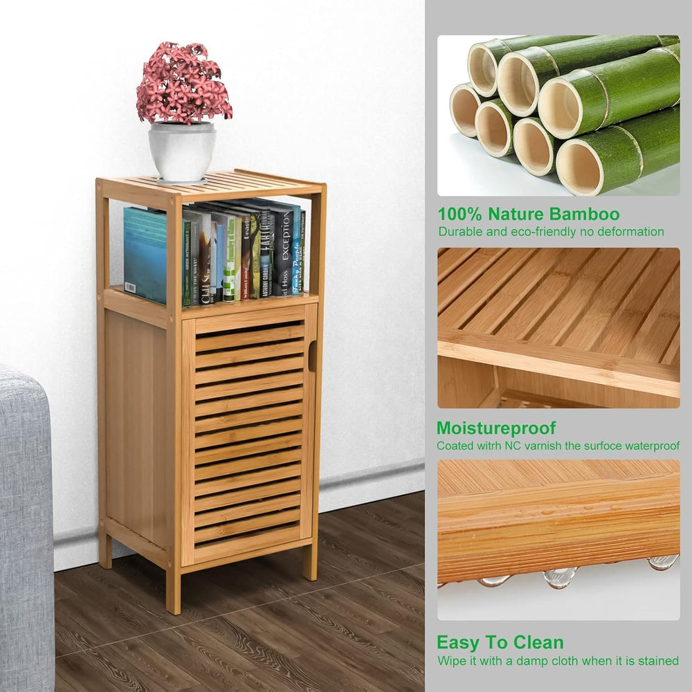 Bathroom Bamboo Storage Cabinet, Freestanding Floor Cabinet with Door Shelf