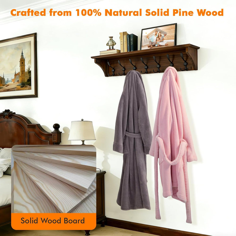 33" Coat Rack with Shelf Wall Mount, Pre-Assembled Solid Wood Coat Hooks...