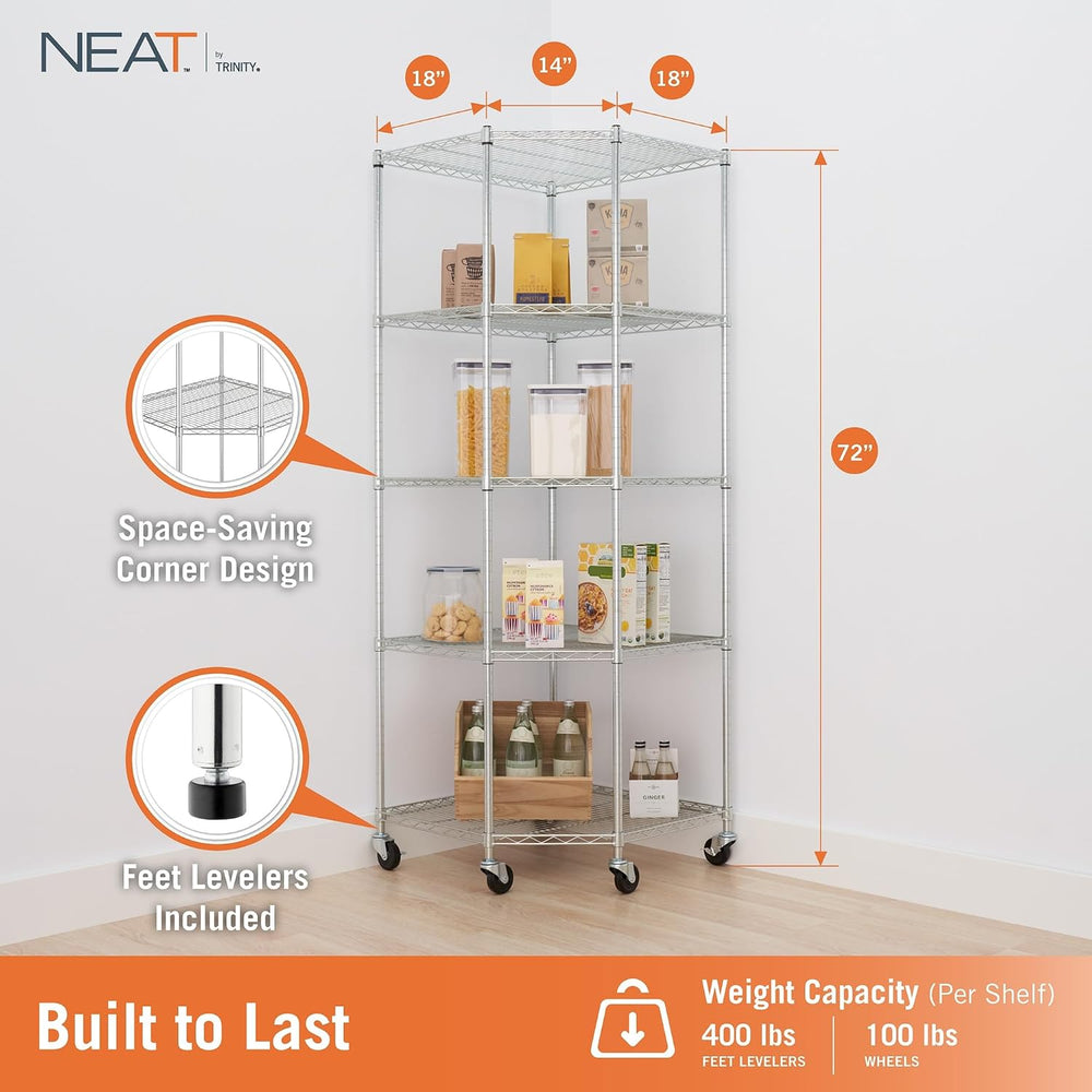 5-Tier Adjustable Wire Shelving with Wheels, Corner Wire Shelf Rack for Kitch...