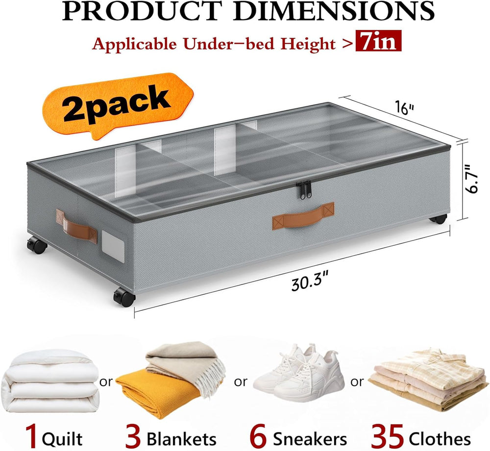 Yecaye Under Bed Storage with Wheels, 2 Pack Under Bed Storage Containers wit...