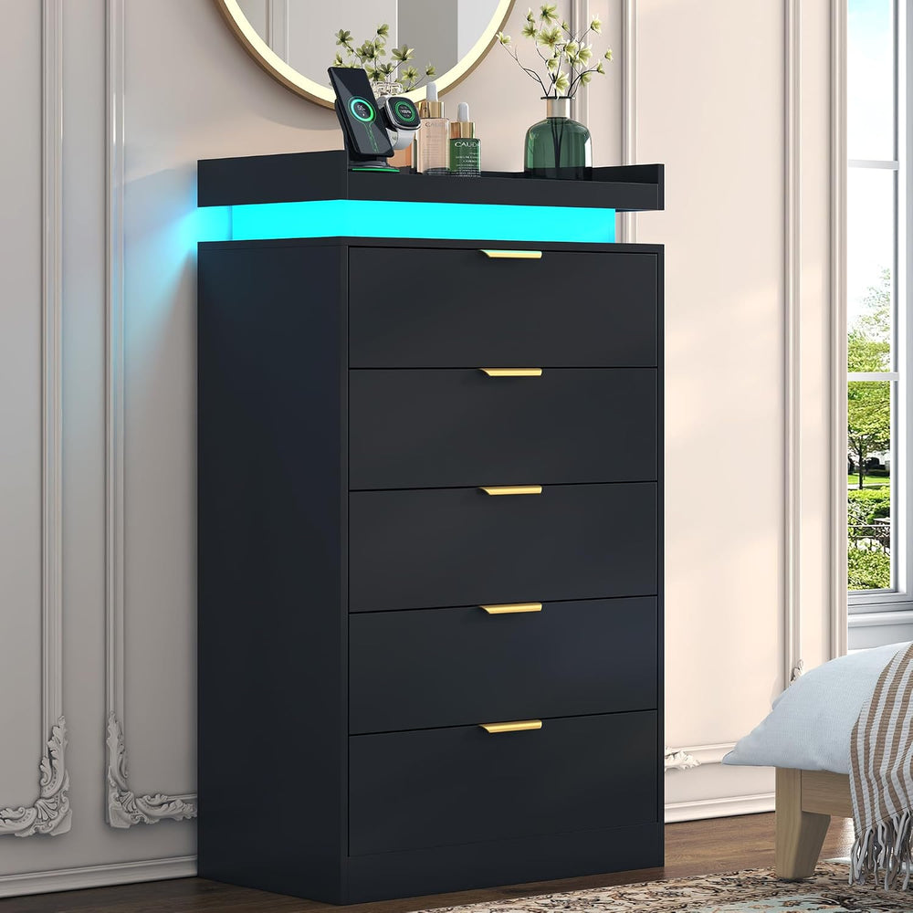 UNIQUITE Tall Dresser for Bedroom, Black Dresser with LED Lights, Wood 5 Draw...