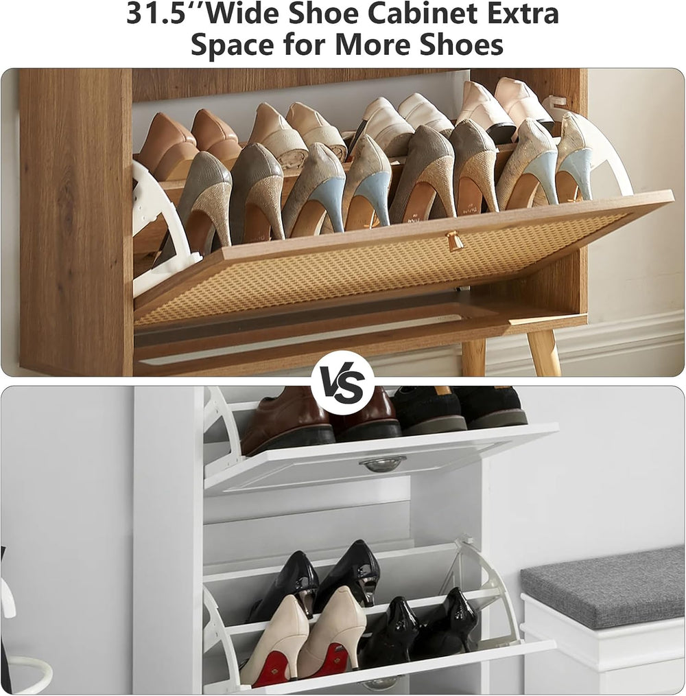Shoe Storage Cabinet with 2 Flip Drawer Natural Rattan Shoe Cabinet Organizer...