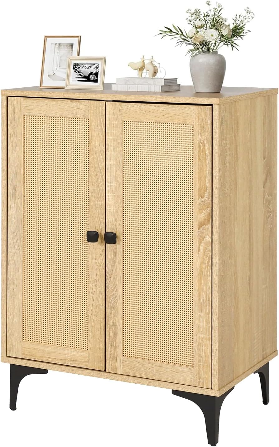 Rattan Cabinet, Buffet Cabinet with Storage, Boho Small Sideboard with Adjust...