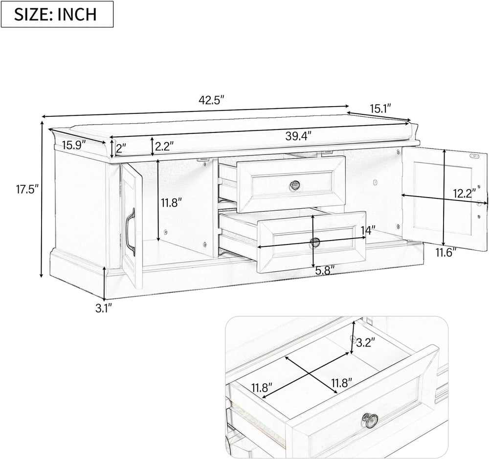 LUMISOL Storage Bench with 2 Drawers and 2 Cabinets, Entryway Storage Ottoman...